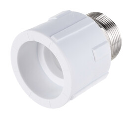 clamping fittings of metal-plastic pipes on a white background chrome, bronze and plastic