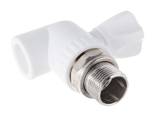 clamping fittings of metal-plastic pipes on a white background chrome, bronze and plastic
