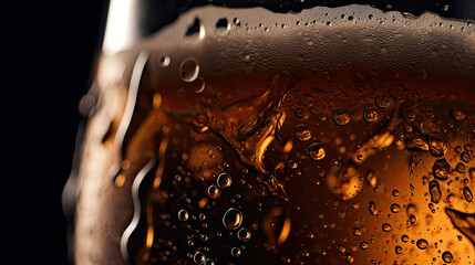 A beer glass with drops and beer close up.  Generative AI.