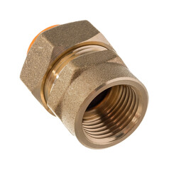 clamping fittings of metal-plastic pipes on a white background chrome, bronze and plastic