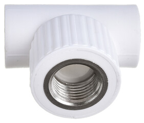 clamping fittings of metal-plastic pipes on a white background chrome, bronze and plastic