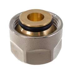 clamping fittings of metal-plastic pipes on a white background chrome, bronze and plastic