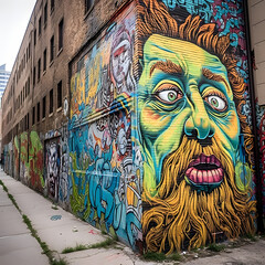 Fototapeta premium Vibrant colors and patterns of urban street art in a bustling cityscape at dusk with a wide-angle lens during the golden hour