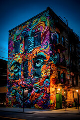 Fototapeta premium Vibrant colors and patterns of urban street art in a bustling cityscape at dusk with a wide-angle lens during the golden hour