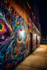 Fototapeta premium Vibrant colors and patterns of urban street art in a bustling cityscape at dusk with a wide-angle lens during the golden hour
