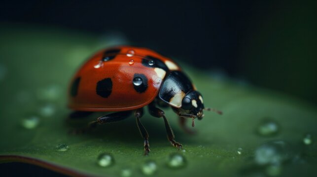 Macro image of a ladybug sitting on a leaf. Generative AI 