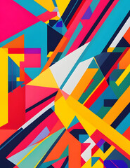 Vibrant and energetic abstract composition of intersecting geometric shapes in a variety of bold colors.
