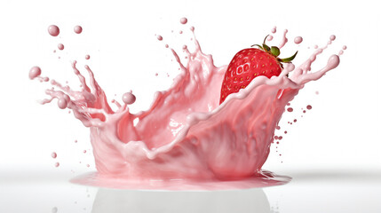 splash of strawberry yogurt with one strawberry on white background, AI generated