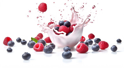 fruit milk splash with raspberry and blueberry on white background, AI generated