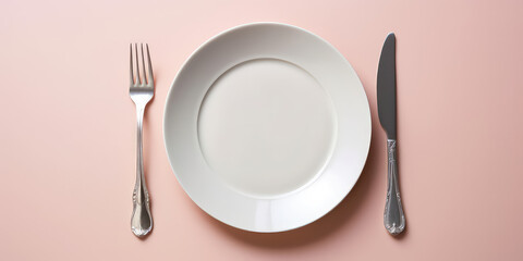 Top view of an empty white plate with cutlery isolated on a flat pastel pink background. Mockup of an empty food plate, above, banner template, copy space. Generative AI professional photo imitation.