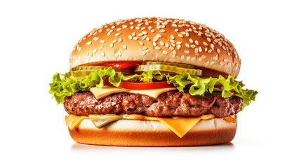 a beautiful cheeseburger with a cutlet, cheese and vegetables on a white background, generated by AI