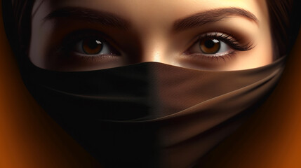 a woman with beautiful eyes in a brown niqab or mask is close-up, generated by AI
