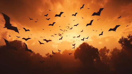 silhouette of a flock of bats against the background of an orange sky at sunset over a forest, generated by AI
