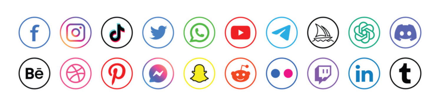 Popular social network symbols, social media logo icons collection, instagram, facebook, twitter, youtube, chatgpt, midjourney, disccord and etc. social media icons