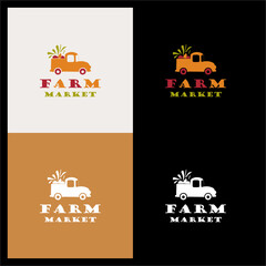 Farmer truck vegetable fruits harvesting fields village logo design illustration vector 