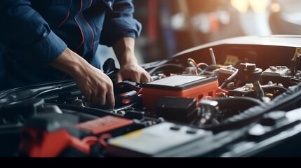 Technician Hands of car mechanic working repair in auto repair Service electric battery and Maintenance of car battery. Check the electrical system inside the car - obrazy, fototapety, plakaty