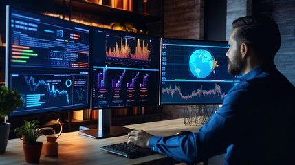 An analyst uses a computer and dashboard for data business analysis technology finance, operations, sales, marketing. Generative AI