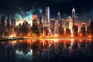 Fototapeta na wymiar Panorama scene of a city scene at night, skyscraper buildings, generative ai