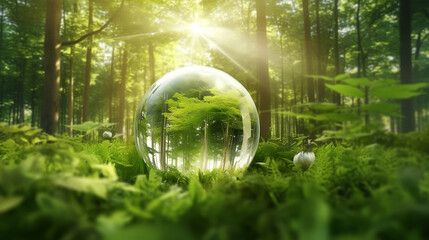 Glass globe in green forest Technology Environment, society, and governance for sustainable business on green company Concept