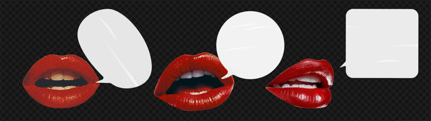 A set of Speech Bubbles with collage-cut red lips from a magazine. Retro elements for the design. Scream of a woman. Vector objects on transparent background as png.