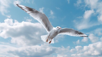 Fototapeta premium seagull fly against the blue sky with clouds. Sea bird gracefully fly in the air. Generative AI