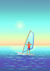 A girl or a woman in a baseball cap on a windsurfing board with a sail, floating on the waves in the sea at dawn. A man on a plank with a sail. Windsurfing and other sports. Vector illustration.