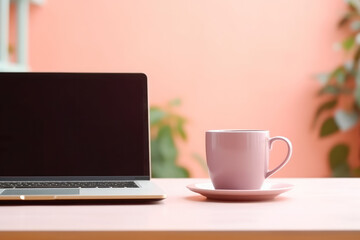 Laptop with a blank screen with cup beside it, placed on a table with pink pastel background. Generative AI