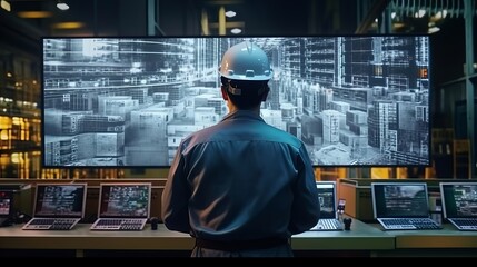 A construction worker wearing a hard hat while working on a computer. Generative ai