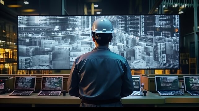 A construction worker wearing a hard hat while working on a computer. Generative ai