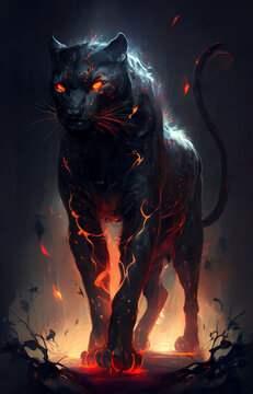 Panth&egrave;re noire aux yeux rouges, magique et fantasy, entour&eacute;e de flammes rouges
