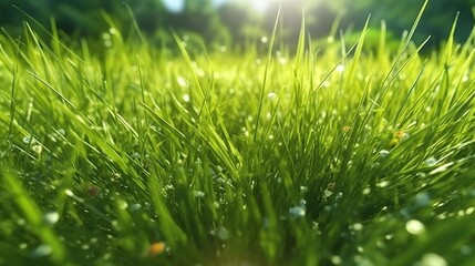 A sunny day with a close-up view of green grass and the sun shining in the background. Generative ai