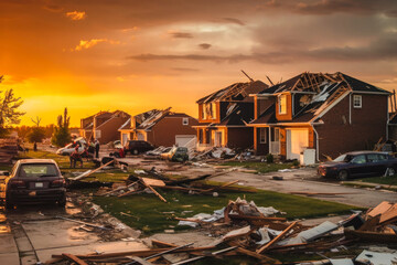 Whole neighborhood destroyed by a tornado. Aftermath of a tornado damaged wood framed houses and vehicles. Generative AI