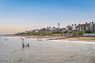 Southwold beach and lighthouse as seen from the pier.