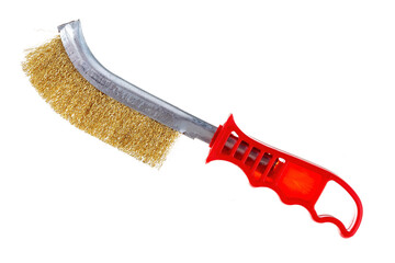metal brush for cleaning metal with a plastic and wooden handle on a white background
