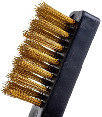 metal brush for cleaning metal with a plastic and wooden handle on a white background