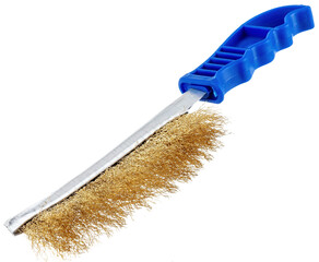 metal brush for cleaning metal with a plastic and wooden handle on a white background