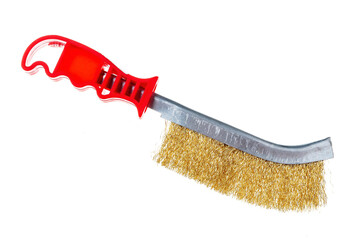 metal brush for cleaning metal with a plastic and wooden handle on a white background