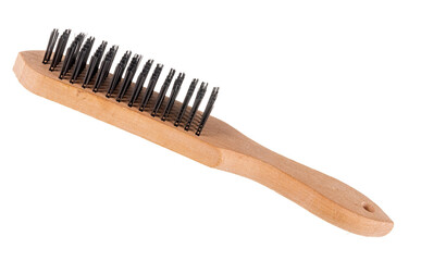 metal brush for cleaning metal with a plastic and wooden handle on a white background