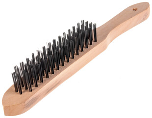 metal brush for cleaning metal with a plastic and wooden handle on a white background