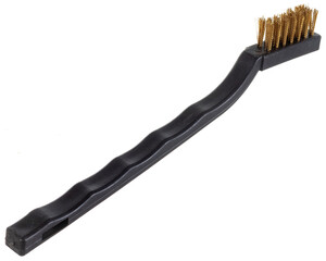 metal brush for cleaning metal with a plastic and wooden handle on a white background