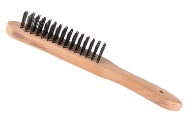metal brush for cleaning metal with a plastic and wooden handle on a white background