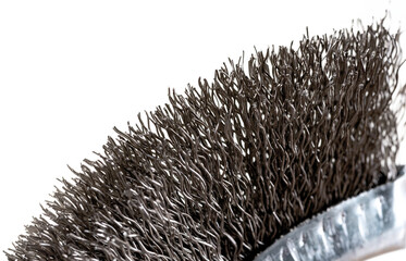 metal brush for cleaning metal with a plastic and wooden handle on a white background