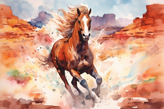 A wild mustang galloping through the desert at noon. Watercolor. Animal illustration. Generative AI.