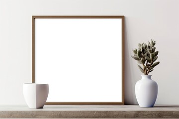Mockup of an empty frame, on a wooden table. Ai generated.