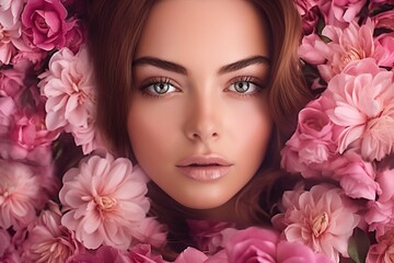 Naklejka premium portrait of a young woman, her eyes filled with intensity and a touch of romance.. Ai generated.