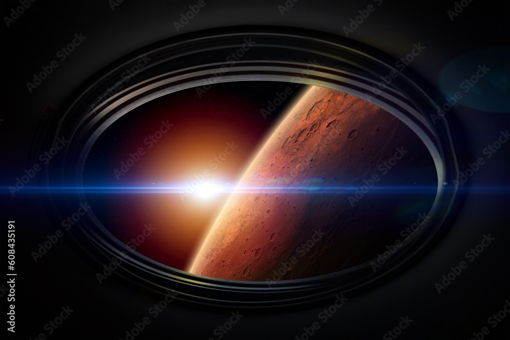 Sticker view from porthole of a spaceship to red planet mars. expedition and colonization of mars. elements 