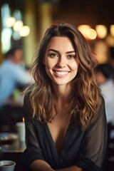 Fototapeta premium A captivating portrait captures the essence of a carefree young woman, smiling and embracing the moment. AI Generated