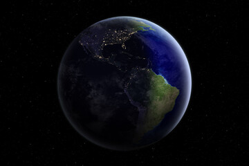 Fototapeta na wymiar Earth at the night. Nightly Earth planet in outer space. North and South America. Elements furnished by NASA.