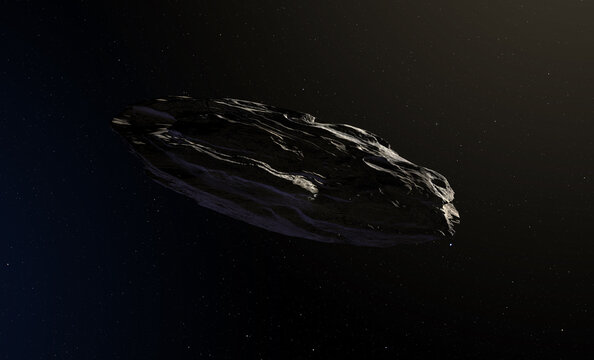 Asteroid in deep space. Oumuamua asteroid or comet, is the interstellar object passing through the Solar System. Unusual shaped asteroid. Elements of this image furnished by NASA.