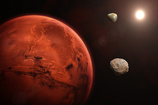 Mars, Phobos, Deimos, nebula and galaxy. Elements of this image furnished by NASA.